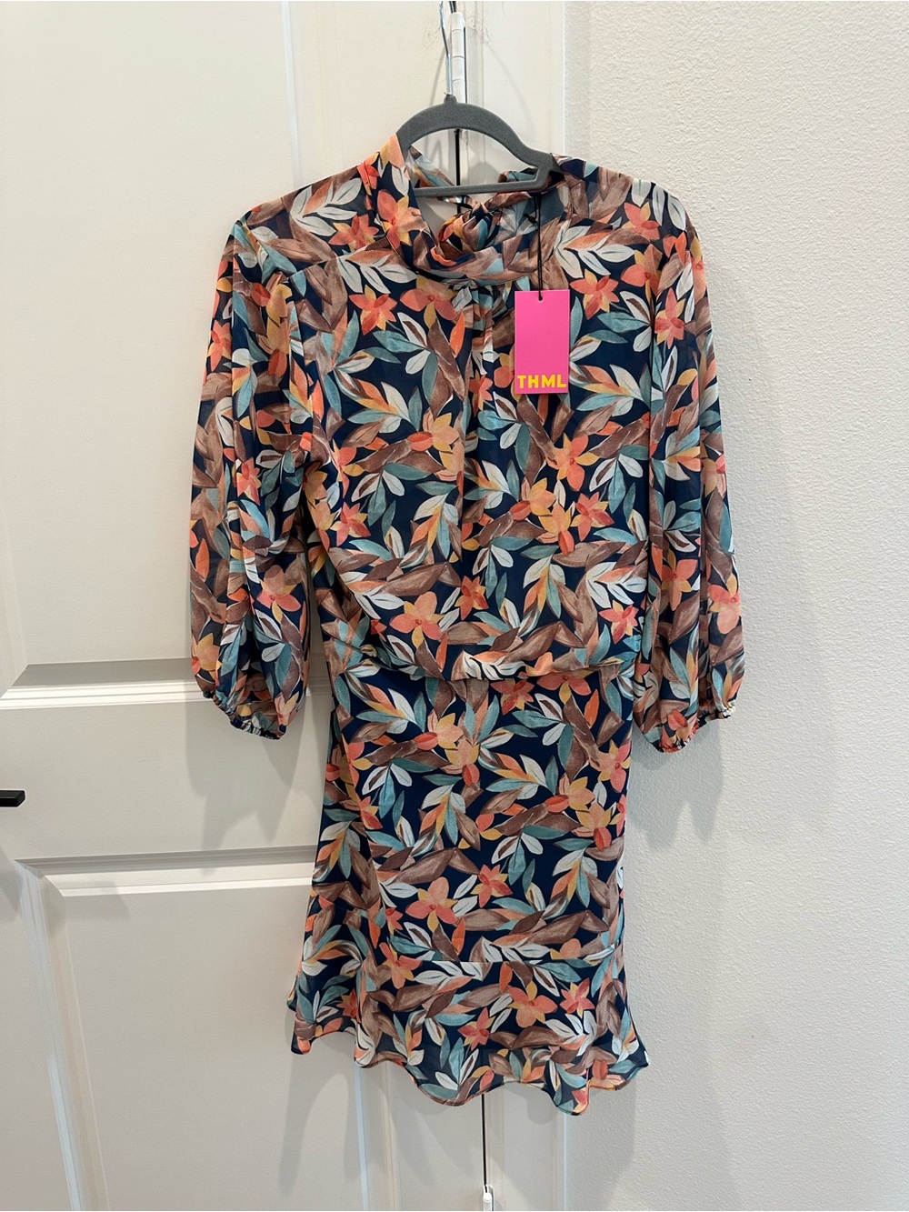 THML Navy Floral Leaf Dress with Coral, Teal & Cream Accents